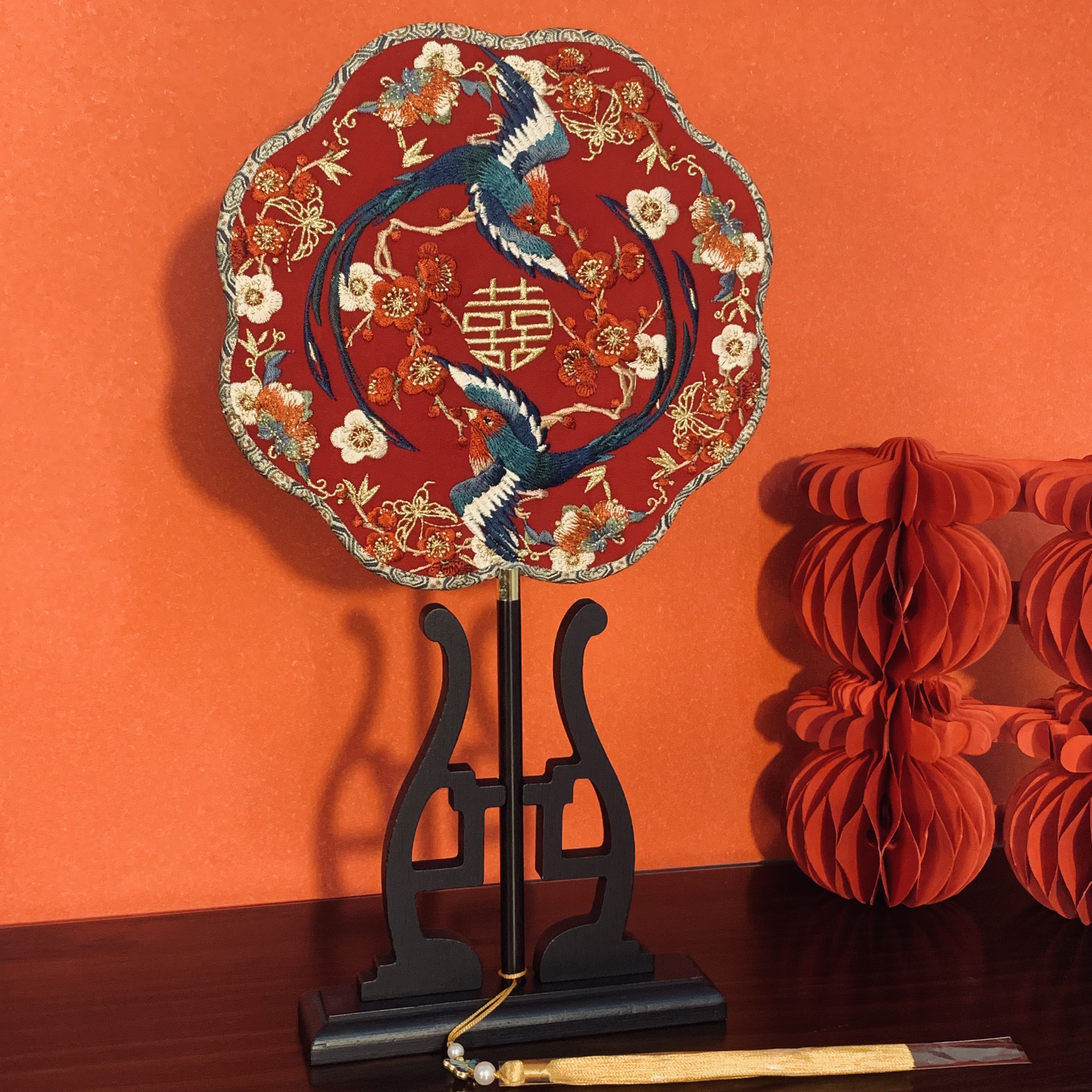 结婚刺绣团扇汉服婚礼扇子重工富贵凤凰绣花新娘喜扇古风送礼婚扇