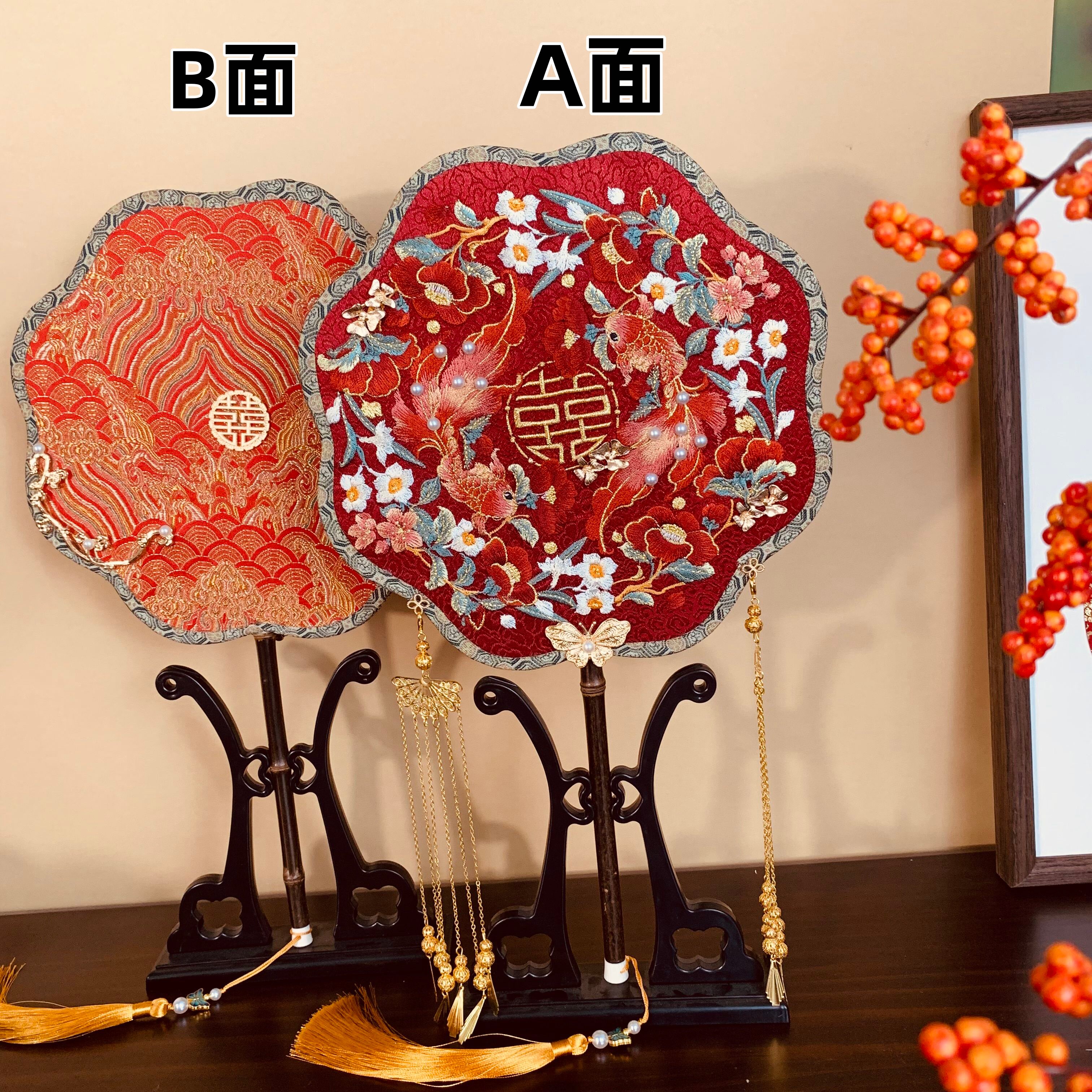 荷塘月韵中国风中式团扇新娘结婚喜扇苏绣双面扇手工宫扇汉服秀禾