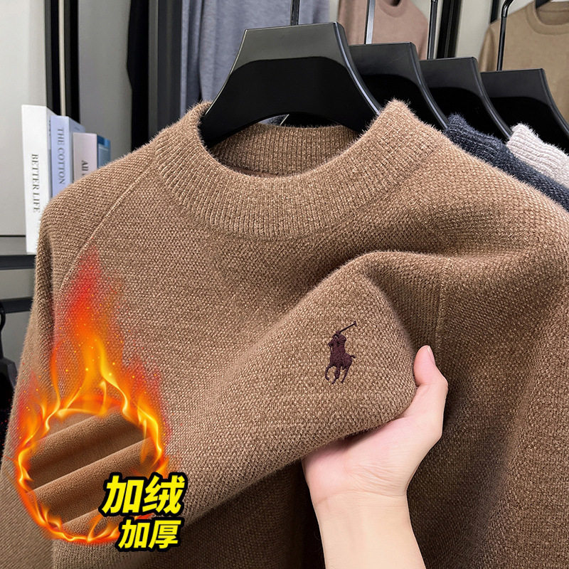 600g加绒加厚男士半高领毛衣感刺绣休闲保暖针织衫男跨境