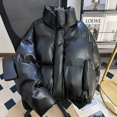 冬季PU皮加厚高品质男款棉服保暖冬装宽松百搭棉袄面包服外套纯色