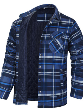 欧美男装外套2025新款亚马逊速卖通长袖翻领格子加厚衬衫男装青年