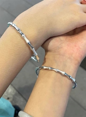 步步高升竹节银手镯女纯银足银9999情侣一对实心七夕送女友礼物