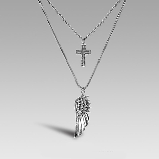 十字架翅膀双层项链吊坠纯银百搭毛衣链嘻哈女ins潮男生蹦迪装备