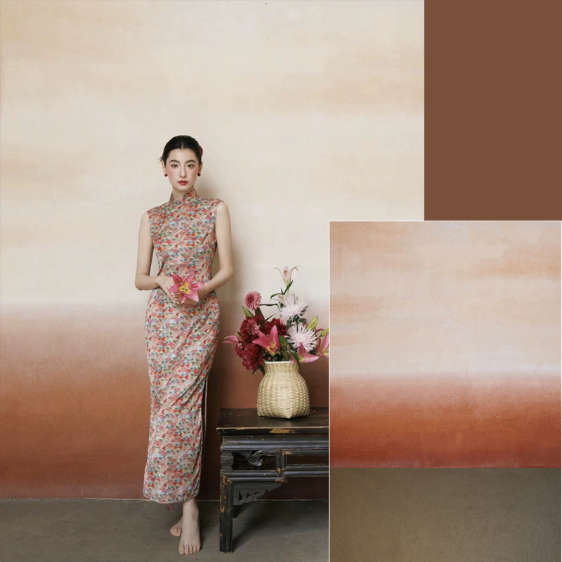 橘红色渐变油画肌理背景布新中式旗袍婚纱摄影少女写真直播背景纸