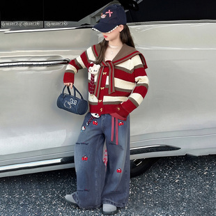 女童KT猫条纹套装秋装2025新款儿童毛衣针织外套女孩牛仔裤两件套