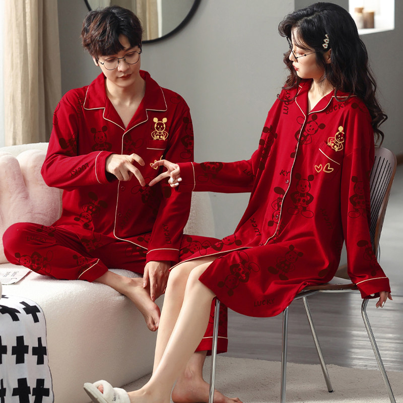 春秋季情侣睡衣女纯棉长袖睡裙本命年红色卡通米奇家居服男长裤冬
