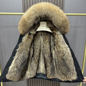 派克服男款冬季中长款美洲貉内胆可拆卸皮毛一体小浣熊整皮外套