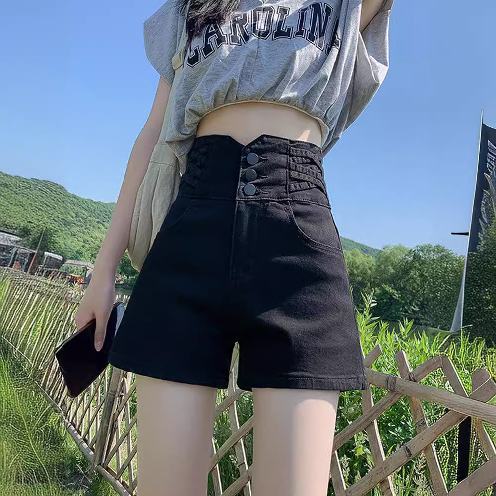 黑色牛仔短裤女夏季薄款外穿大码胖mm超高腰弹力a字阔腿辣妹热裤