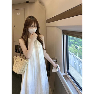 慵懒风甜美仙女挂脖连衣裙夏季 气质a字长裙 2024新款 白色裙子无袖