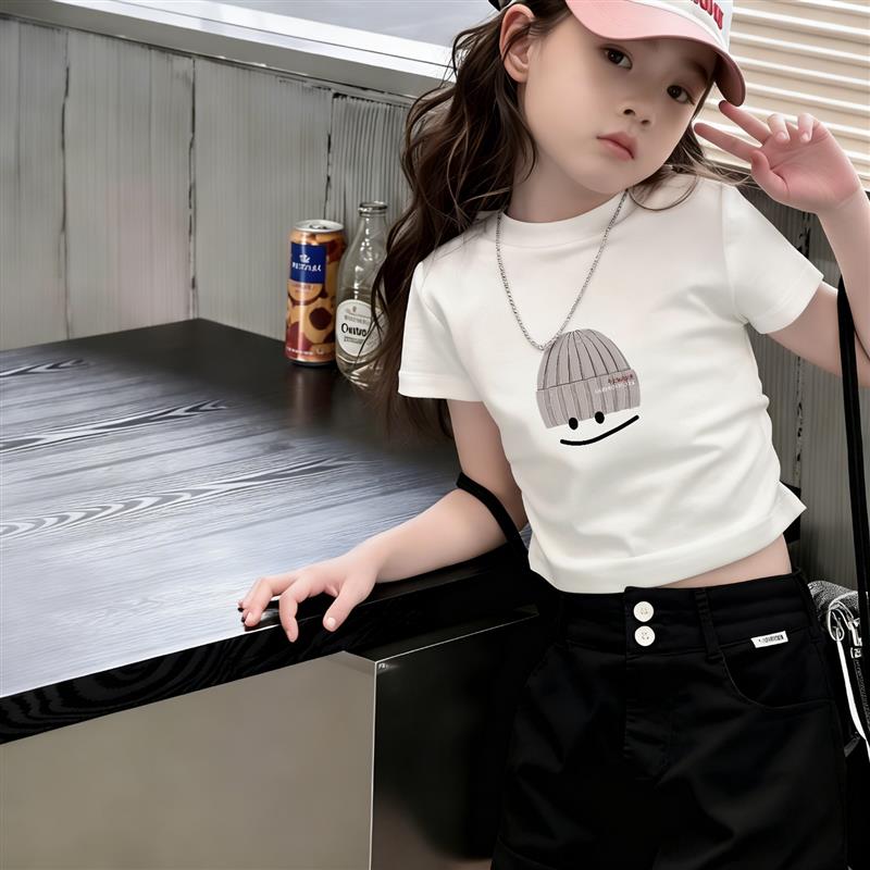 女童装短款上衣夏季褶皱短袖T恤中大童纯棉独特超好看辣妹上衣