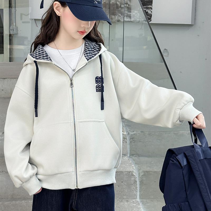 儿童装女童秋装连帽外套2025新款中大童女孩春秋款初中生开衫卫衣
