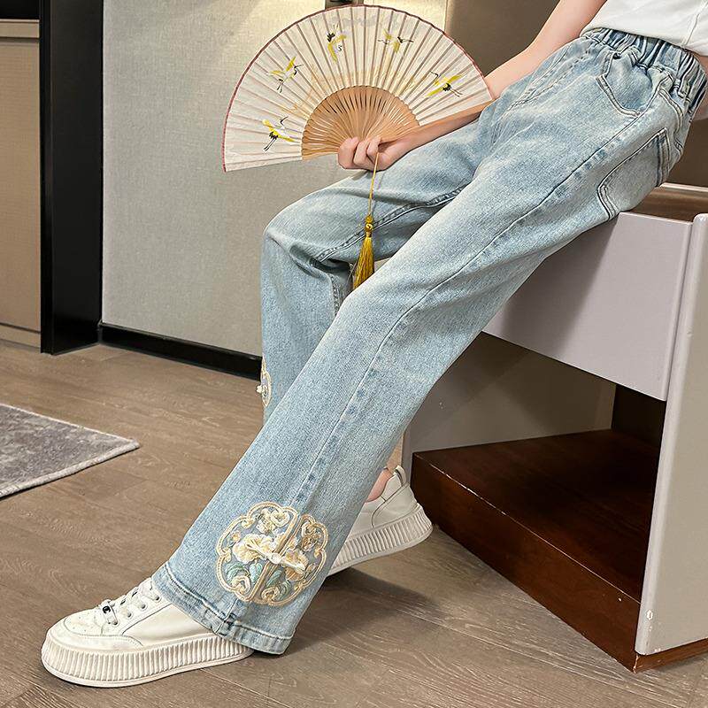 女童牛仔裤2025新款春夏装女大童国风刺绣洋气喇叭裤儿童夏季裤子