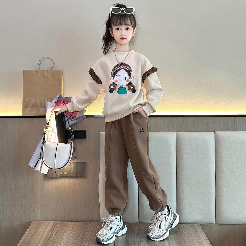 女童春秋卫衣套装2024新款儿童休闲秋冬加绒运动装女孩加绒两件套