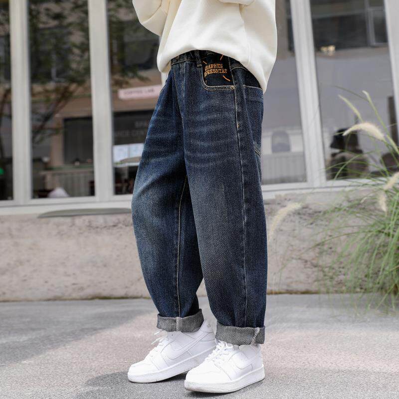 男童加绒裤子儿童秋装一体绒牛仔裤2024新款中大男孩秋冬季休闲裤