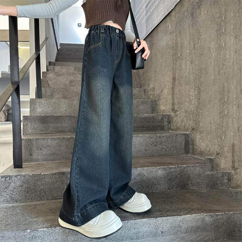 女童裤子春秋款女大童炸街阔腿裤儿童拖地长裤初中生女孩牛仔裤潮