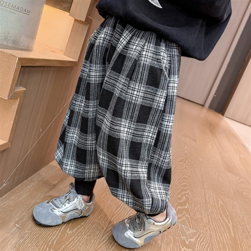 女童运动厚棉裤秋冬款2025新款儿童卡通休闲裤秋装女宝宝束脚格子