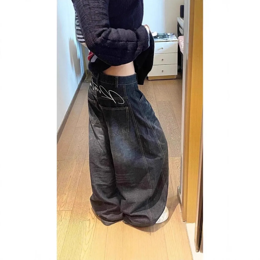 新款弯刀牛仔裤复古设计感立体春秋季男女松弛拖地阔腿镰刀长