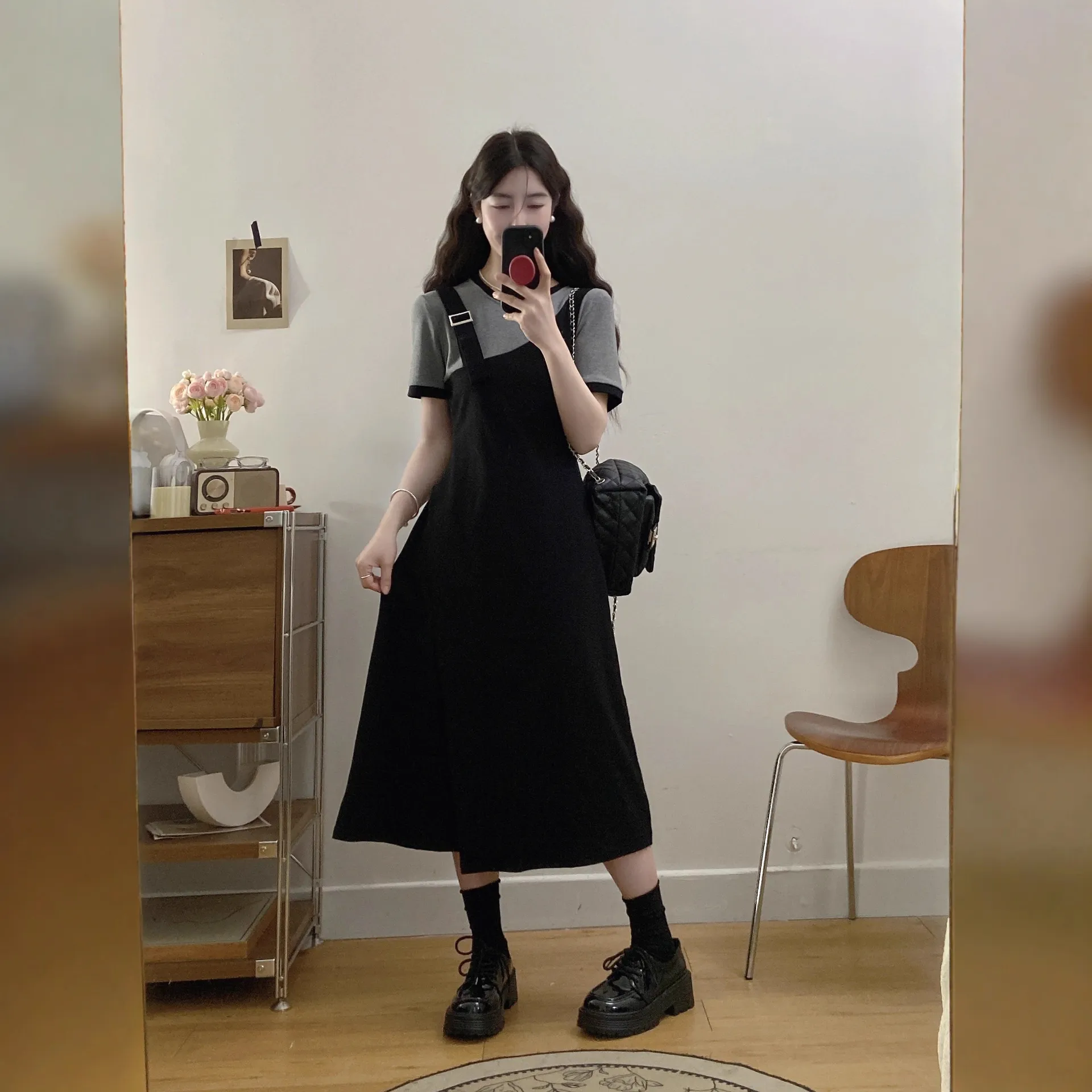 女装大码法式拼接假两件连衣裙夏季新款显瘦收腰背带长裙子