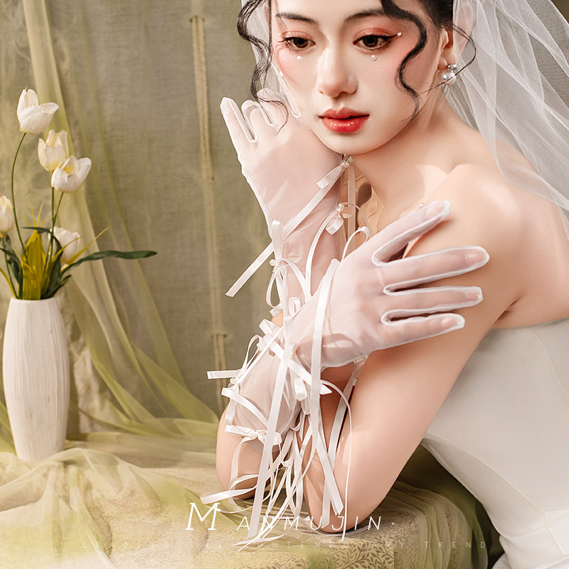 花嫁lolita粉色丝带蝴蝶结手套