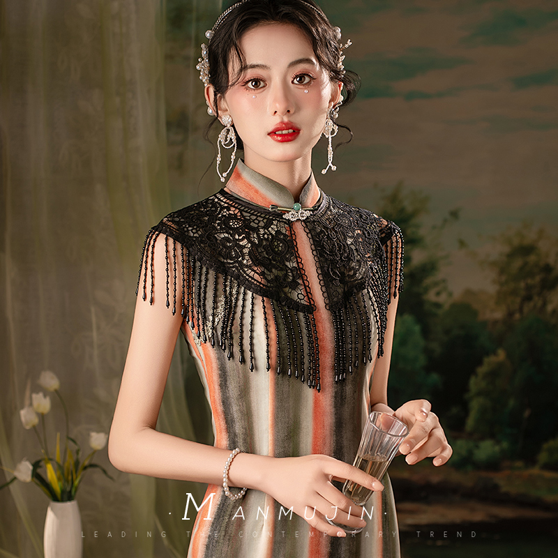 配旗袍云肩外搭黑色斗篷新中式名媛复古风蕾丝珍珠流苏小披肩文艺