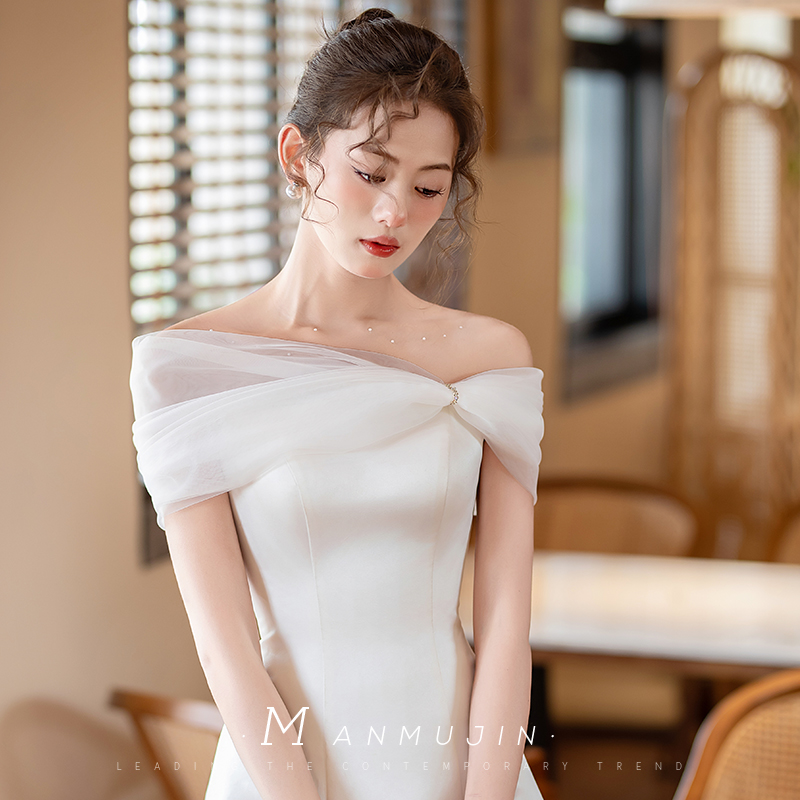 欧式简约优雅白色一字肩网纱披肩新娘婚纱礼服配饰道具遮手臂显瘦