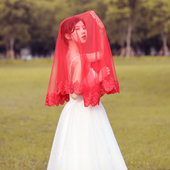 新娘红盖头软网蕾丝花边红色头纱结婚喜帕敬酒秀禾服半透明蒙面巾