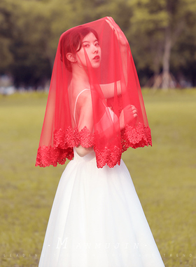 新娘红盖头软网蕾丝花边红色头纱结婚喜帕敬酒秀禾服半透明蒙面巾