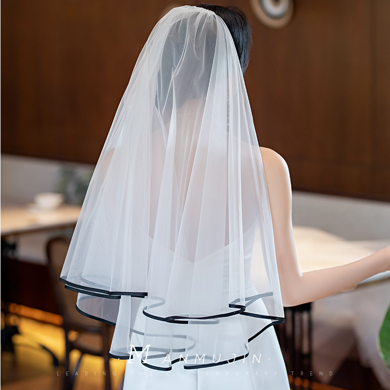 柔软垂顺双层缎布包边头纱影楼婚纱礼服摄影写真造型拍照新娘头饰