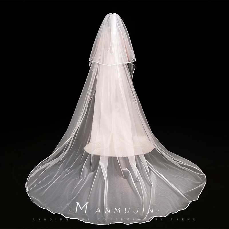 超仙优雅气质长款大拖尾简约缎边头纱旅拍照新娘结婚礼可遮面头纱