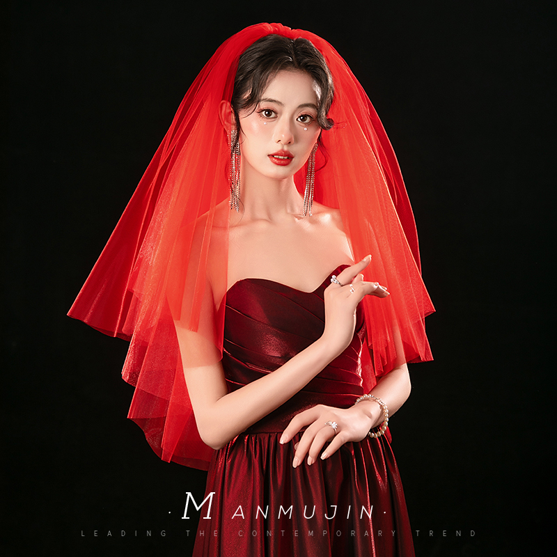 造型拍照写真红色硬网蓬蓬素头纱