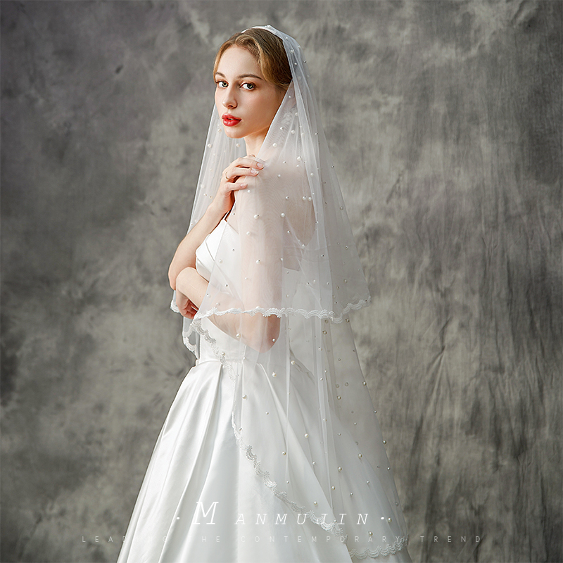 新娘頭紗中長款蕾絲邊珍珠頭紗