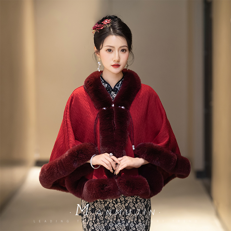 名媛时尚毛绒领斗篷披风外套保暖