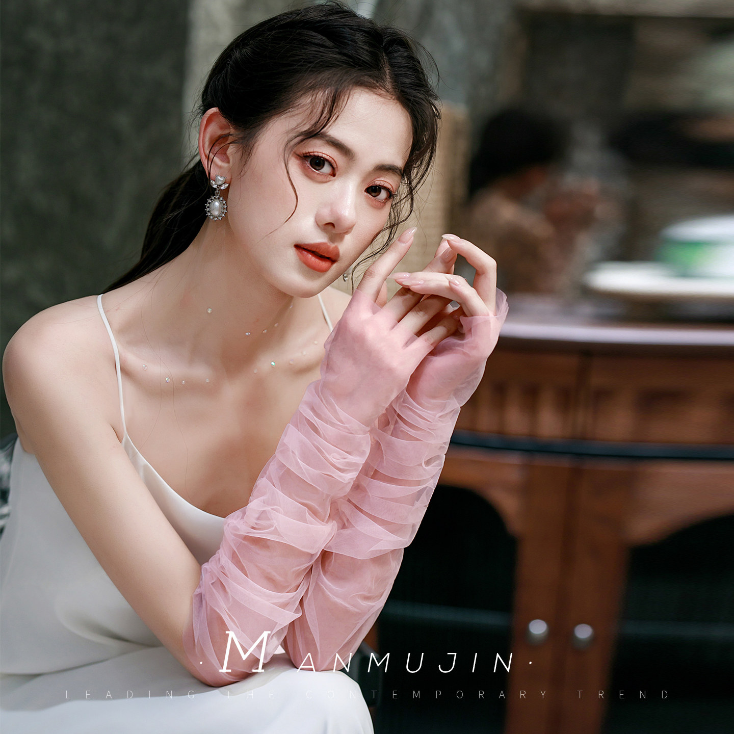 简约素纱粉色手套长款无指手袖套