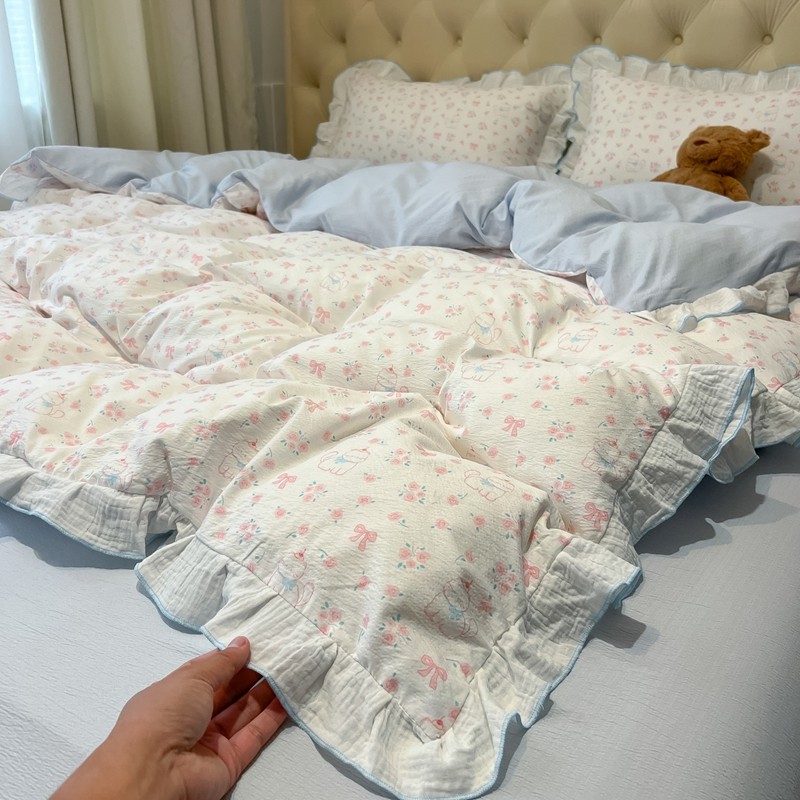 亲肤双层纱全棉花边四件套韩版公主全棉床单床笠是三件套被套床品
