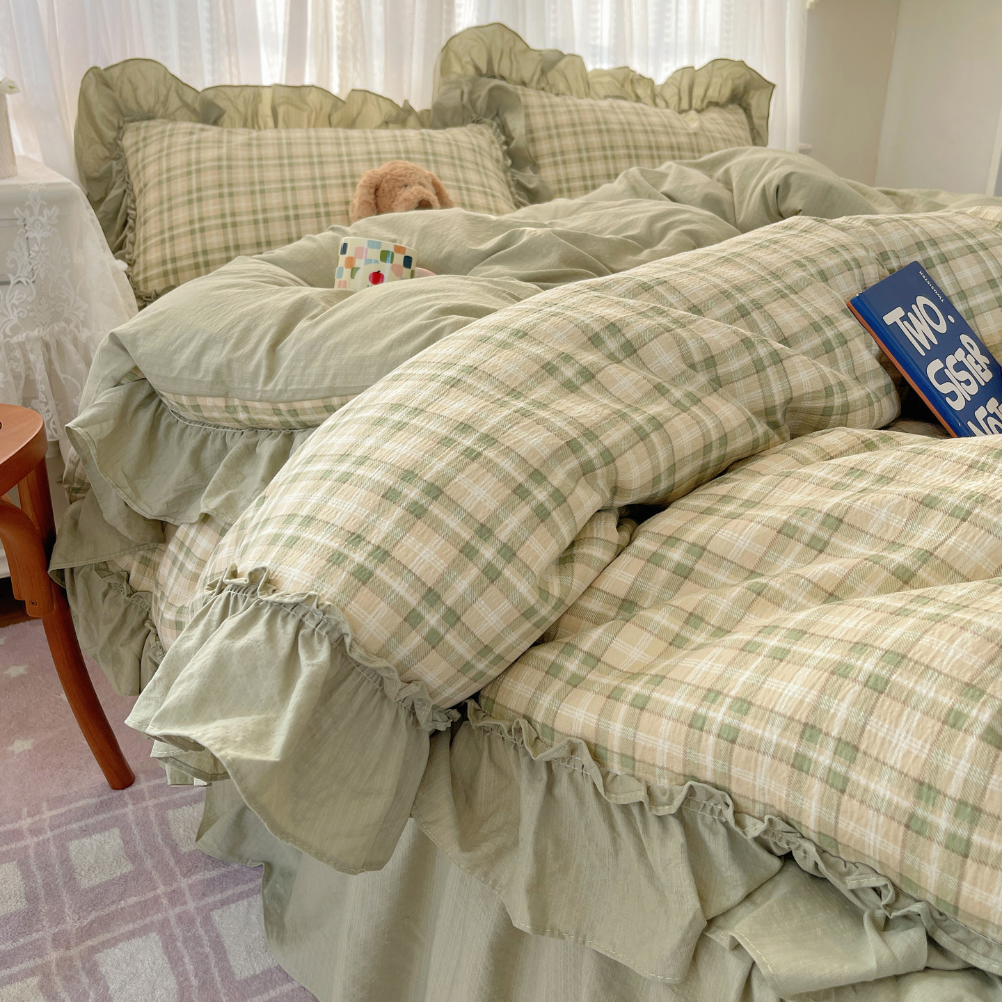 韩版格子纯棉四件套公主荷叶木耳花边全棉学生宿舍三件套床单被套