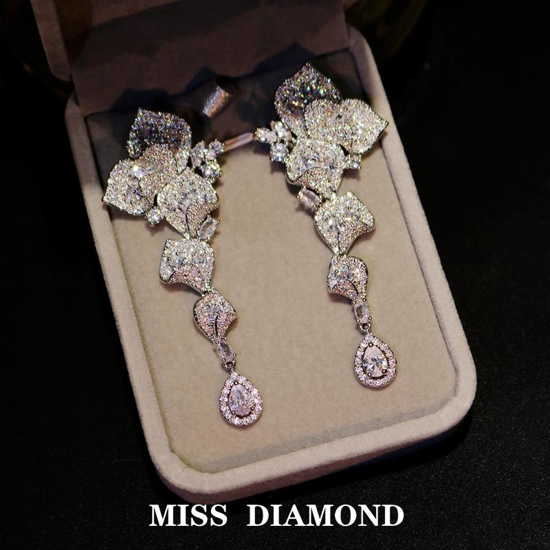 MISS DIAMOND欧美奢华锆石超闪长款气质耳环新娘礼服晚宴婚纱耳饰
