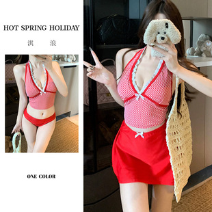 泳衣女新款 复古泳衣 甜美可爱少女性感三件套格子比基尼BIKINI法式
