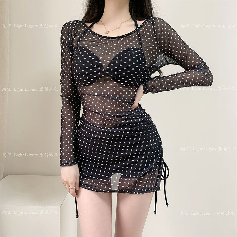比基尼泳衣女黑色波点长袖罩衫三件套分体小胸遮肚子显瘦沙滩温泉