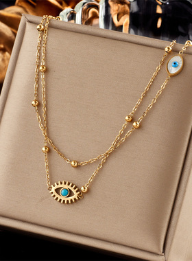 欧美小众时尚设计双层混搭链条金珠钛钢滴油镂空蓝眼睛吊坠项链