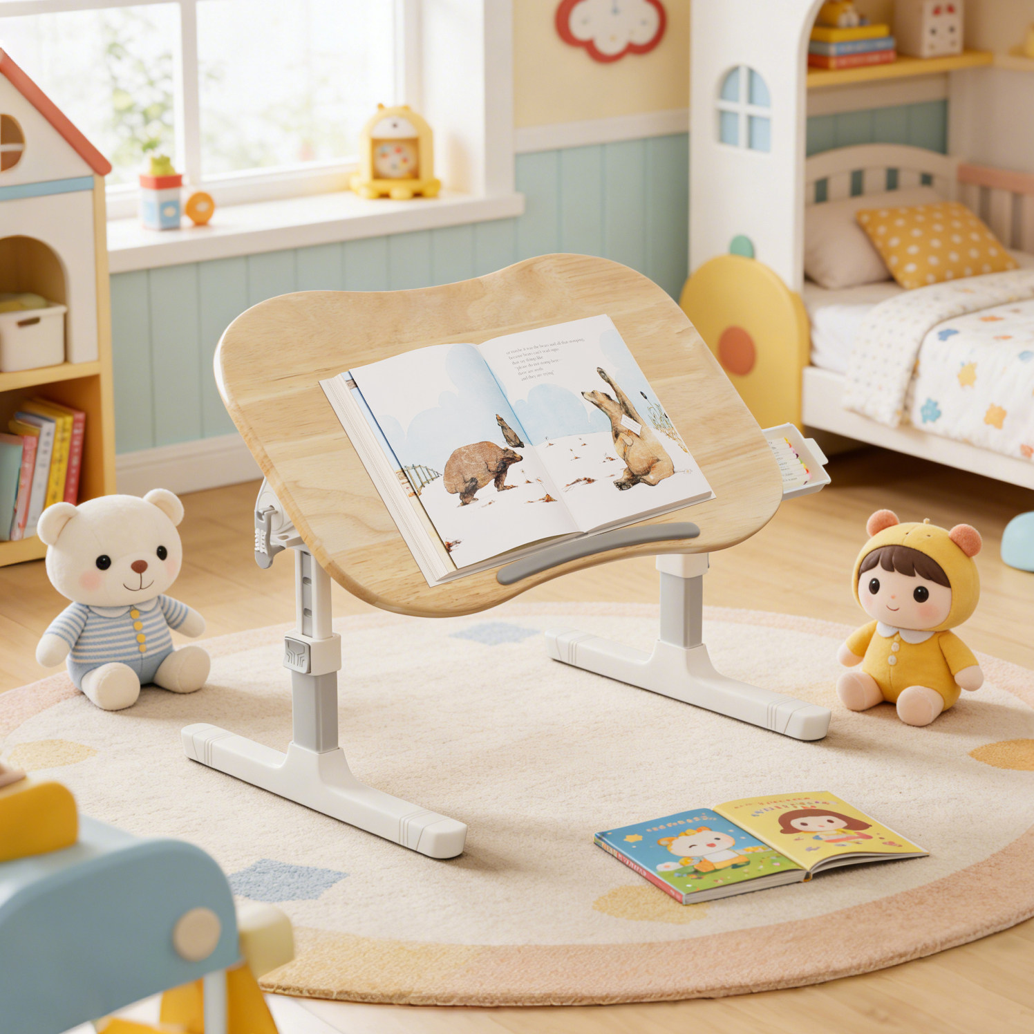 可折叠实木花生桌绘本书立阅读架书架一岁看书支架读书神器儿童床上学