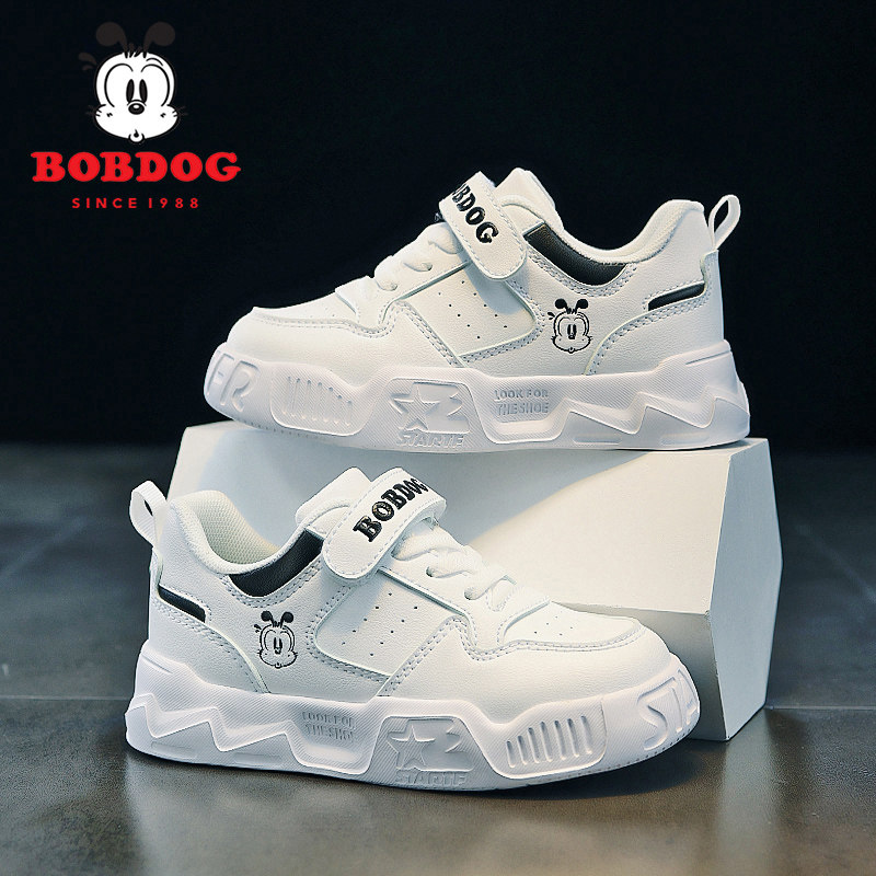 巴布豆儿童白色运动鞋2025秋冬新款小学生皮面防水女孩校园小白鞋