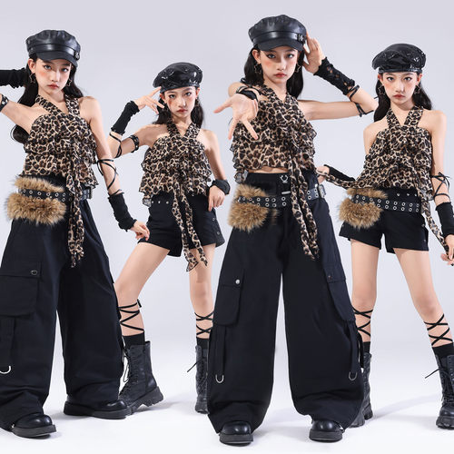 爵士舞服装女童潮酷时髦儿童走秀潮服女孩豹纹jazz套装少儿演出服