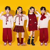 春晚儿童合唱演出服喜庆幼儿园拜年服红毛衣套装 啦啦队小学生朗诵
