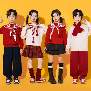 春晚儿童合唱演出服喜庆红色毛衣套装幼儿园舞蹈啦啦队表演小学生
