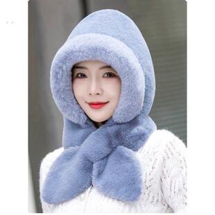 围巾帽子一体秋冬季保暖毛绒加厚仿兔毛可爱护耳帽子2023年爆款女