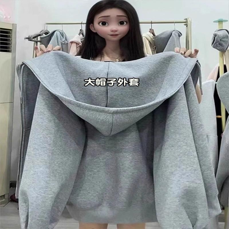 春秋季外套女春秋冬款灰色连帽卫衣2025新款加绒休闲拉链开衫上衣