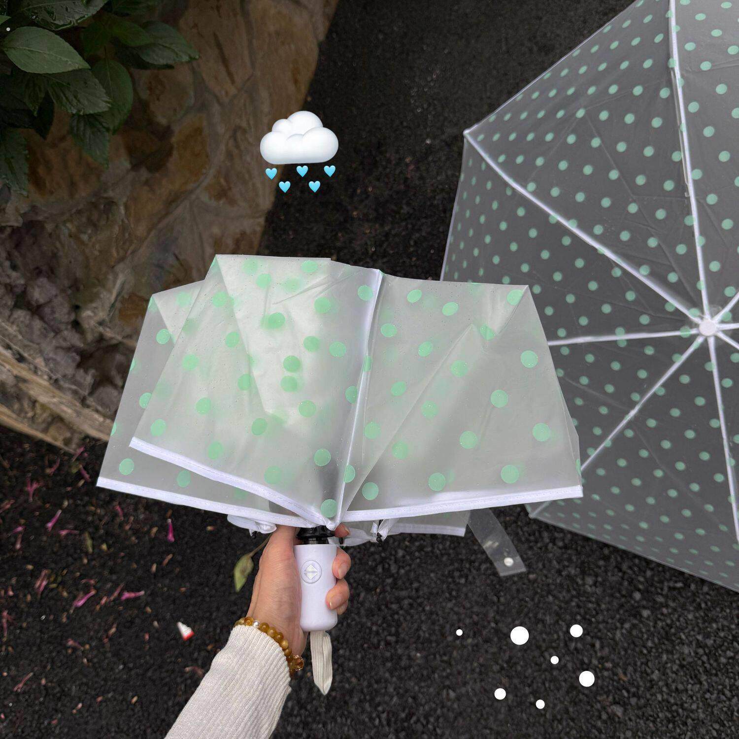 折叠透明雨伞波点四季长柄圆波点塑料清新不锈钢全自动直杆折叠伞