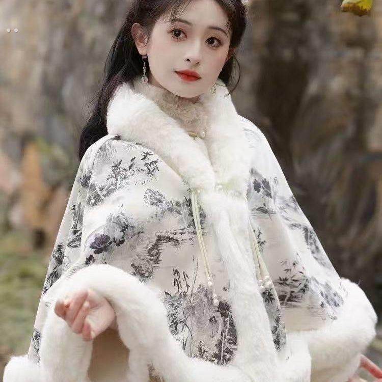 秋冬新款披肩女中式毛茸茸加厚斗篷百搭高级感披风礼服保暖短外搭