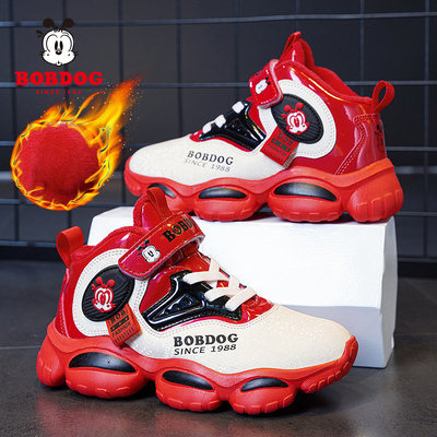 巴布豆男童棉鞋2025秋冬季新款皮面加绒保暖中大童儿童运动鞋子