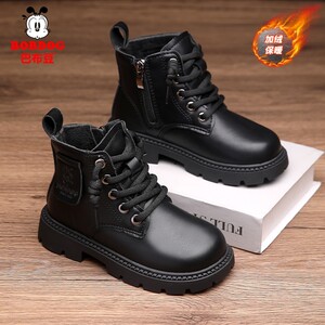 巴布豆男童棉鞋冬季新款皮面防水加绒保暖儿童男孩子中大童马丁靴